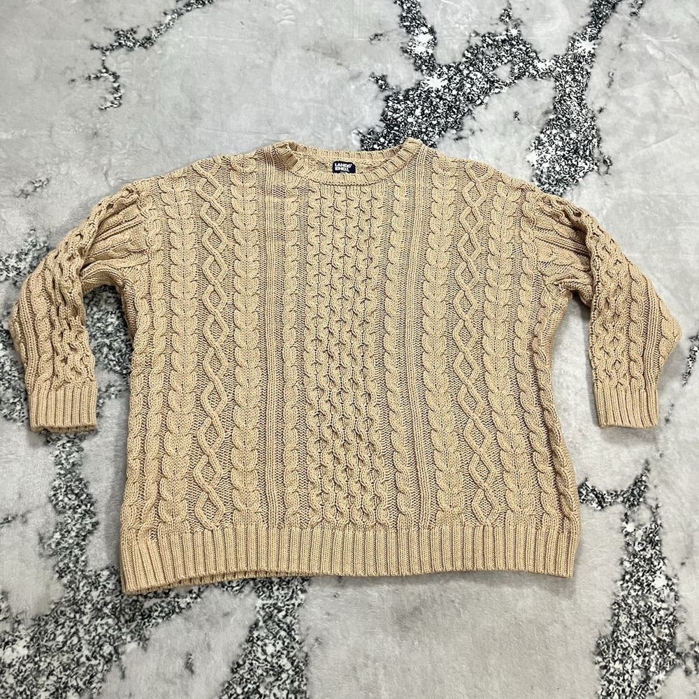 Lands' End Drifter Sweater Womens 2X 20W 22W Cable Knit Cotton Pullover Tan